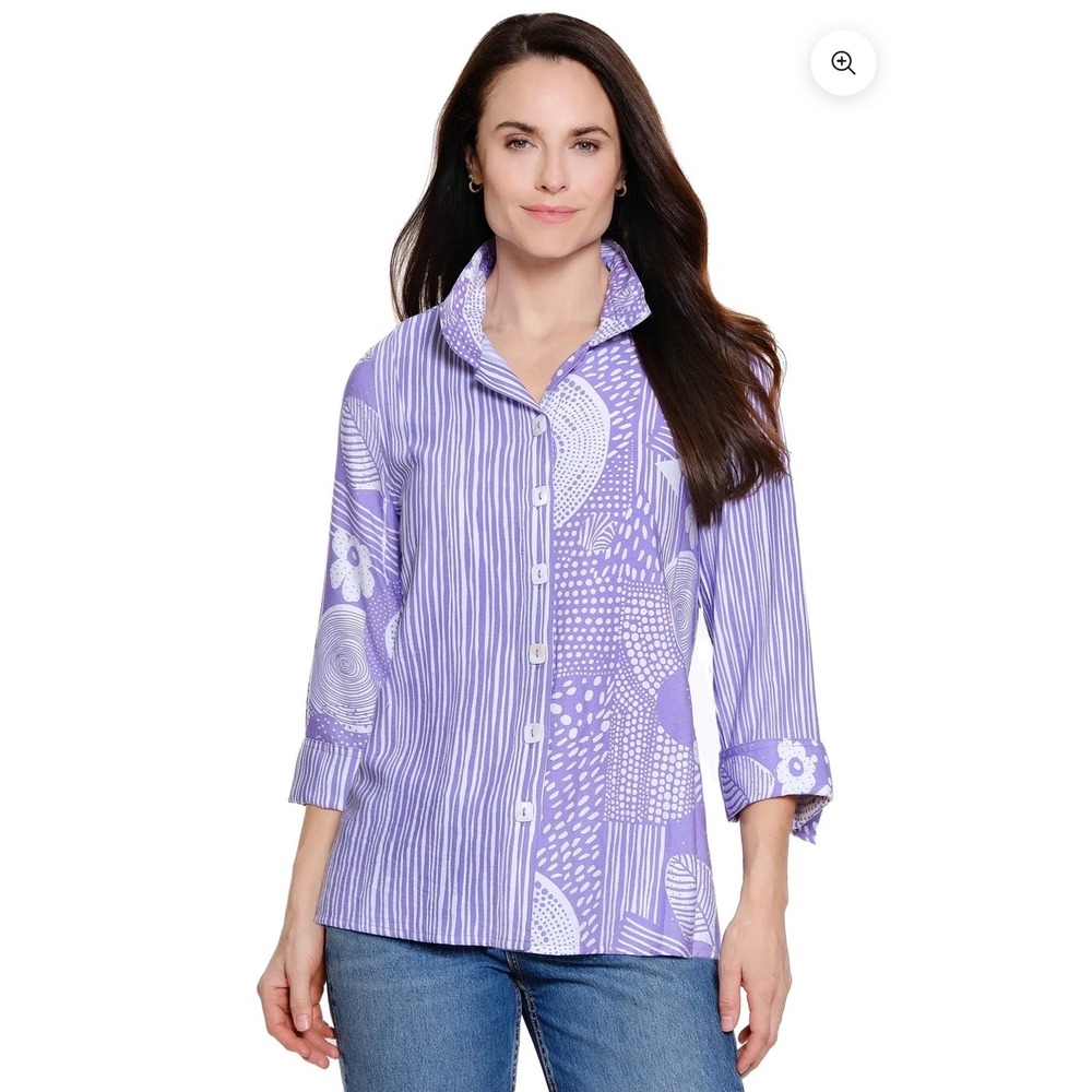 Ali Miles Button Up Shirt Womens Medium Purple Mixed Media Floral Striped Art